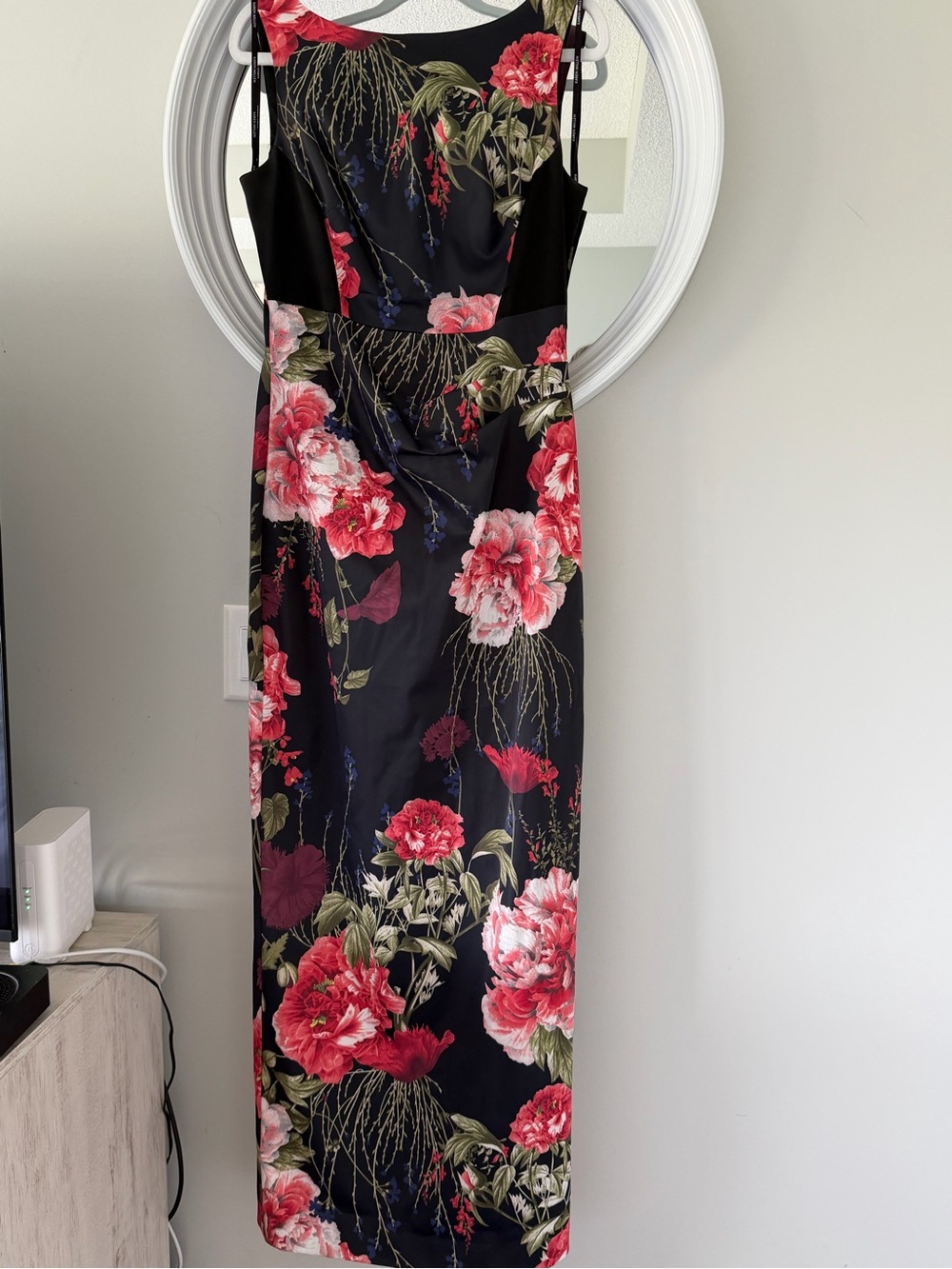 Karen Millen Black Floral Satin Maxi Gown Dress Red Pink US 8 UK 12